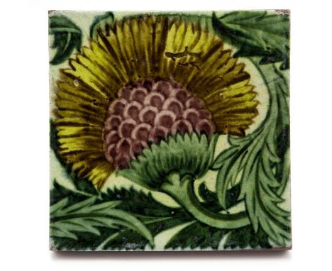 William De Morgan for Architectural Pottery, a BBB tile in yellow and maroon on green, impressed marks Poole Dorset, 15cm squ