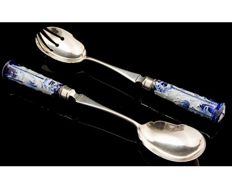 William Moorcroft, a pair of Florian salad servers, the ceramic handles in foliate poppy design, silver plated James Dixon an