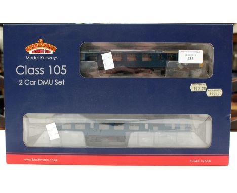 Bachmann: A boxed Bachmann Class 105 2 Car DMU Set, 31-325, OO gauge, BR Blue with Yellow Ends.