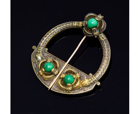 West & Sons of Dublin, a Celtic brooch, silver gilt zoomorphic and foliate knot design, set with malachite cabouchons, dated 