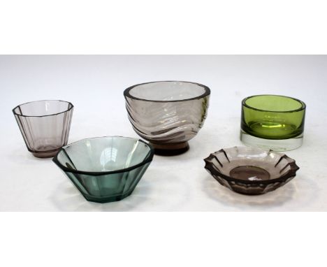 A collection of cut glass vessels including Simon Gate for Orrefors coloured glass bowl, cup and stand, together with a  Bohe