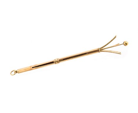 An Art Deco style 9 carat gold swizzle stick, retractable hexagonal section, Cohen and Charles, Birmingham 1955, 4.9g