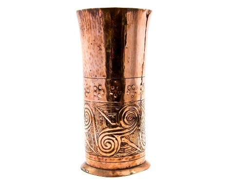 Keswick School of Industrial Art, an Arts and Crafts copper spill vase, repousse decorated with band of Celtic knot and dagge
