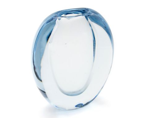 Gunnar Nylund and Asta Stromberg for Strombergshyttan, a Swedish glass drop vase, circa 1957, ice blue, flattened ovoid form,
