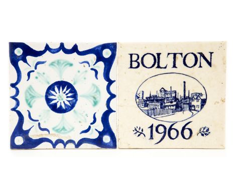 Pilkington, a 1960s painted tile trivet, circa 1969, blue and turquoise geometric design, together with a 1966 Bolton commemo