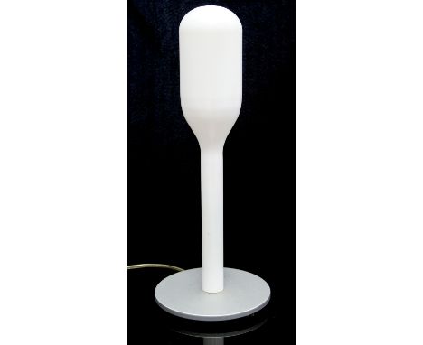 Linge Roset, a modernist white glass and aluminum table lamp, the mallet form pearlescent body on a brushed metal base, 43.5c