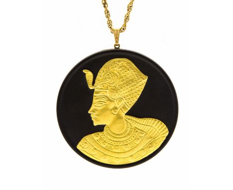A Wedgwood 1970s gilt basalt Jasperware medallion, on yellow metal chain, Egyptian Pharaoh, Tutankhamun, in box, 7cm diameter