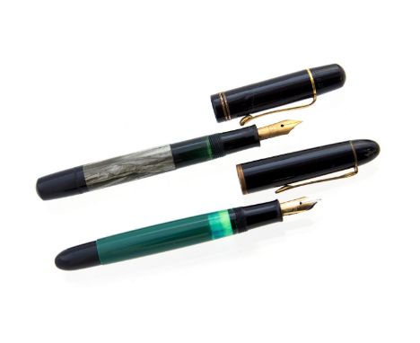 Pelikan 100N fountain pen, green marbled opal barrel and 14 carat gold nib, together with a Pelikan 120 fountain pen, steel n