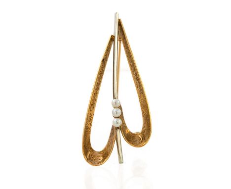 A Modernist 9ct gold and pearl brooch, 1960s in the form of a stylised heart, foliate engraved, 5.5cm long, 4.9g approx 
