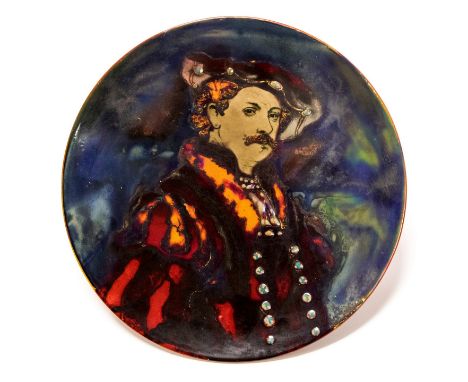 Bernard Moore, a flambe lustre glazed Old Masters plate, iridescent and jewelled polychrome decoration over a transfer print 