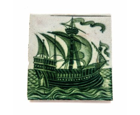 William De Morgan for Sands End Pottery, a Galleon tile, green painted, 15cm square