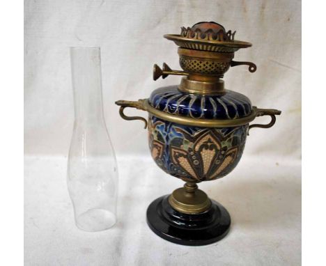 A Victorian Doulton Lambeth stoneware Oil Lamp by Edith Lupton, chalice form with removable font, stylised foliate decoration