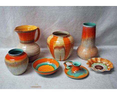 Shelley Drip Ware, orange and green, orange and brown, three Vases, 12cm to 20cm, Jug, 19cm high, two small Bowls and Chamber