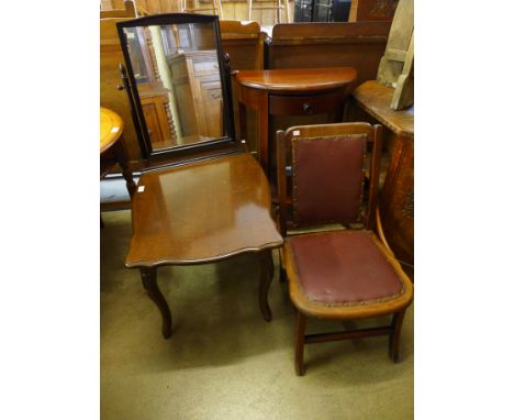 A vintage Atcraft chair, a mahogany coffee table, Stag Minstrel toilet mirror and a hardwood demi-lune table 