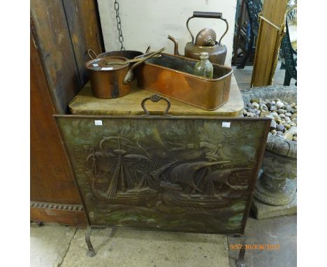 An Arts and Crafts copper firescreen and other copper ware 