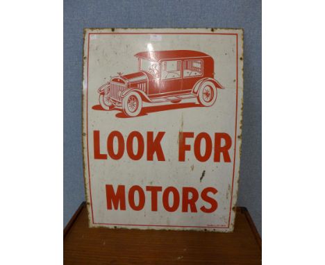 A vintage enamelled Look For Motors sign 