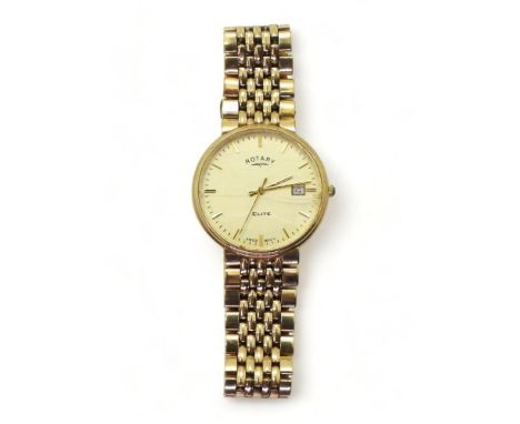 A 9ct gold gents Rotary Elite watch and strap, weight all together 56.6gms Condition Report:Has a battery and appears to be w