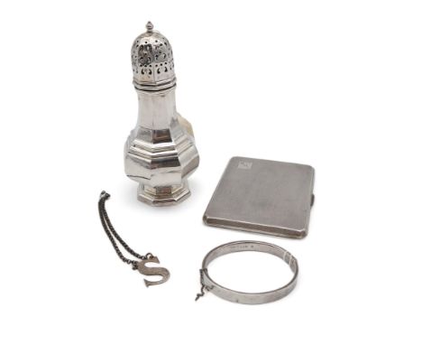 A George VI silver cigarette case, by W W S, Birmingham 1945, a silver caster (weighted), and a silver bracelet, by Joseph Sm