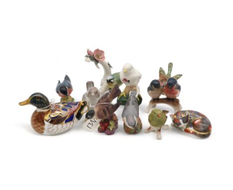 Two Royal Crown Derby paperweights including Catnip Kitten and a Mallard duck, together with a small collection of bird figur