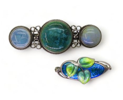 A silver and enamel Charles Horner leaf brooch, together&nbsp; with an Arts &amp; Crafts Ruskin style plaque brooch with knot