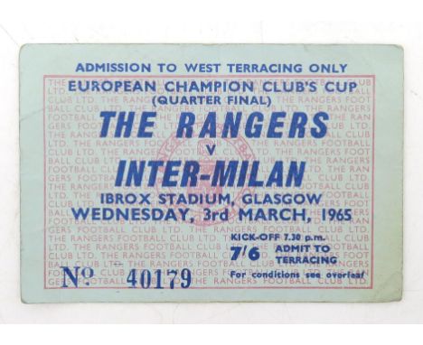 A match ticket for Rangers v. Inter-Milan at Ibrox Stadium, Glasgow, Wednesday 3rd March 1965 Condition Report:Available upon