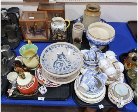 A two handled stoneware pot by W.B. Nicolson, Glasgow, a Gray's pottery lamp, a flow blue pottery jardiniere, assorted teawar