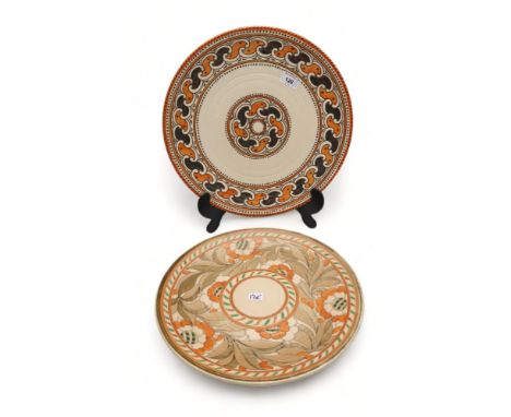 A Charlotte Rhead for Crown Ducal charger, tube lined with orange and silver decoration, 36.5cm diameter together with anothe