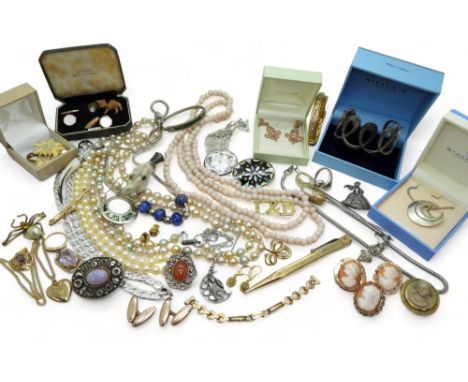 A collection of gold plate mounted shell and lava cameos, a Newbridge Silverware of Ireland bangle and pendant, A St. Justin 
