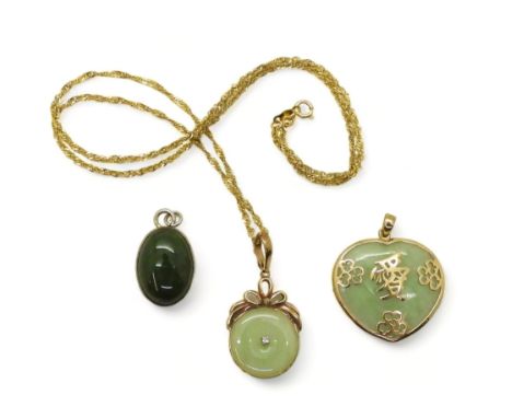 A 14k gold hardstone rondel pendant / pearl clip set with a diamond, weight 2.2gms, together with a 10k chain, a heart shaped