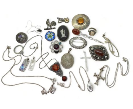 A collection of silver and costume jewellery to include, a citrine and marcasite pendant, an Ortak enamel pendant, a continen