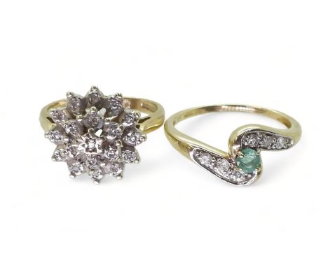 A 9ct gold emerald and diamond ring, set with estimated approx 0.10cts of brilliant cut diamonds and a 3mm emerald, size O, t