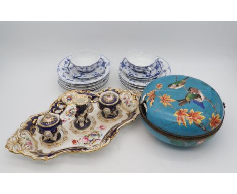 A 19th century ceramic desk set painted with flowers and gilt decoration, Royal Copenhagen teawares and a ceramic box and cov