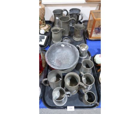 A collection of pewter tankards, two plates and a bowl etc Condition Report:No condition report available.