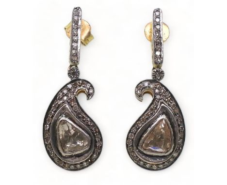 A pair of yellow and white metal paisley shaped polki and brilliant cut diamond earrings, length of earring 3.5cm, weight 8.1