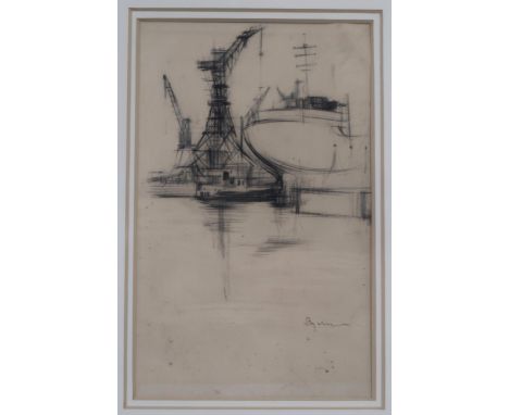 DANNY FERGUSON RGI (SCOTTISH 1925-1993) &nbsp;FITTING OUT BASIN, GOVAN &nbsp;Pencil on paper, signed lower right, 28.5 x 18cm