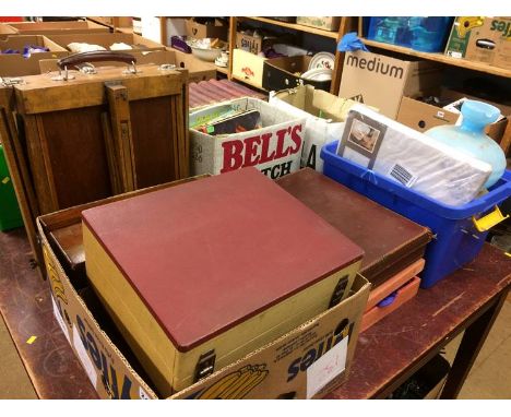 Four boxes to include walnut writing slope, artists easel etc.