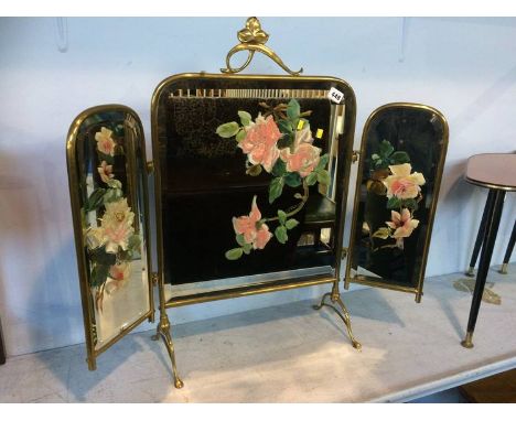 Victorian brass and painted glass fire screen 