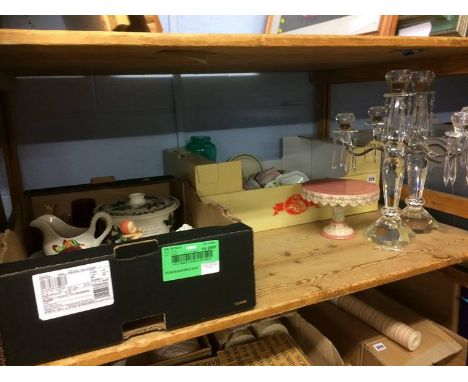 Pair of modern glass candelabra and two boxes of Portmeirion etc.