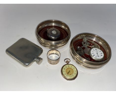 A pair of Broadway & Co. of Birmingham silver wine coasters, a white metal hip flask, plus other silver and plated ware, incl