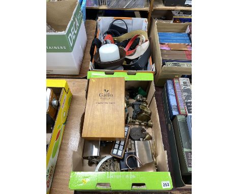 Two boxes of brass, padlock, hip flask and miscellaneous music related items