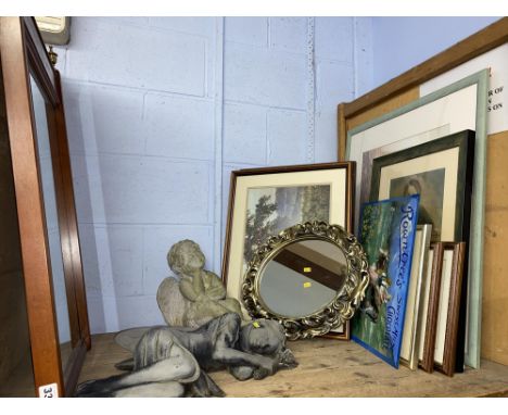 A selection of assorted prints and other artwork, mirrors and two garden ornaments