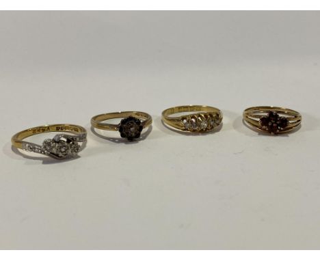Two 9ct gold cluster rings, sizes I/J and J/K and two 18ct gold rings, sizes M/N and N, gross weight 9.0 g