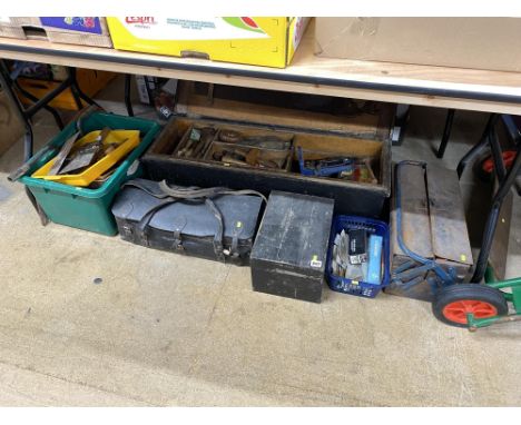 A quantity of tools, including a large wooden tool box