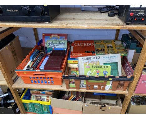 Two crates of board games including a Subbuteo Table Cricket set, a Blow Football tabletop game, Cluedo and Risk!