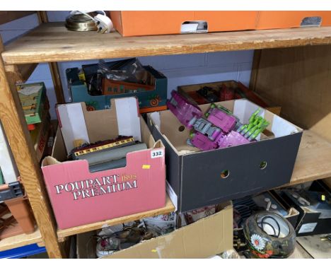 Five boxes of vintage toys, including playworn Meccano, 00 gauge model coaches, trackside accessories and a Hasbro transforme