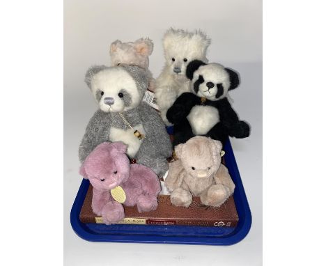 Six Charlie Bears, including a 'Bam-boo', panda bear and a copy of 'Love, Dreams and Bears - Celebrating the First Five Years