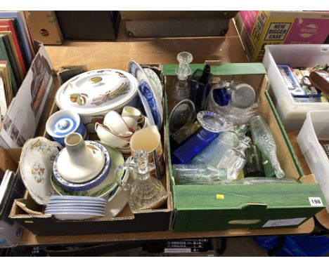 Two boxes of china to include Susie Cooper, Royal Worcester, Spode, glassware and vintage bottles