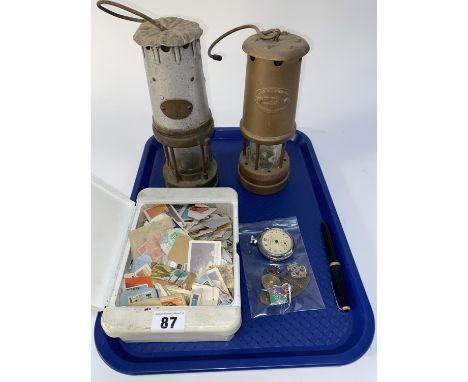 Two vintage Miner's lamps to include Hockley Lamp and Limelight Company, stamps, a Parker Fountain pen, enamelled badges and 
