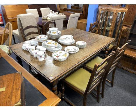 An oak bobbin turned dining table and six chairs