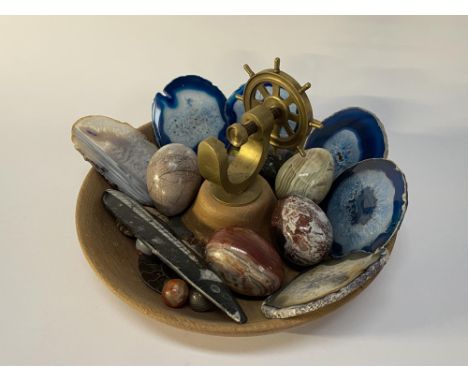 A mid 20th Century Ship's wheel nut cracker and dish, with a selection of specimens, marbles and eggs